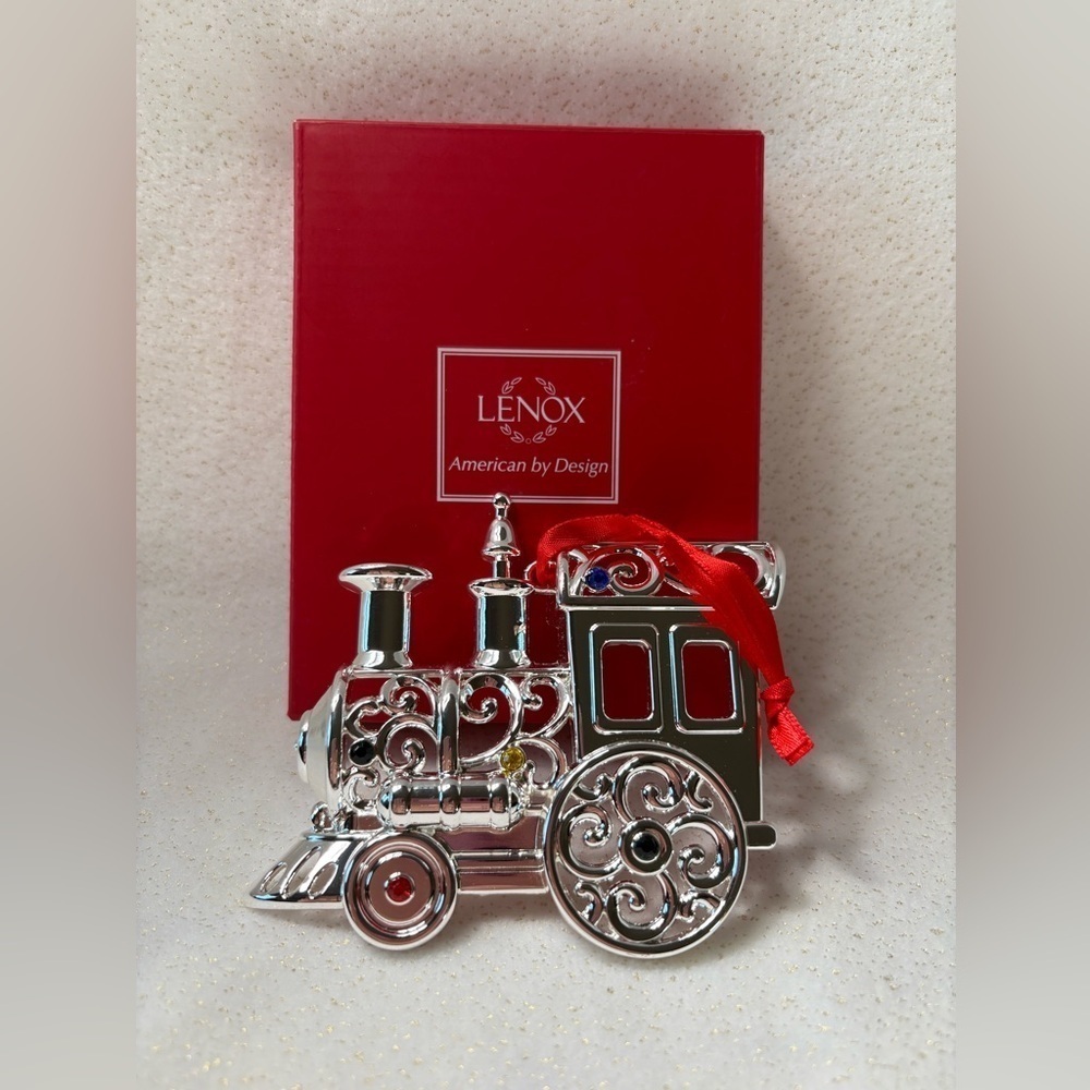 Lenox Silver Train Ornament with Red Ribbon